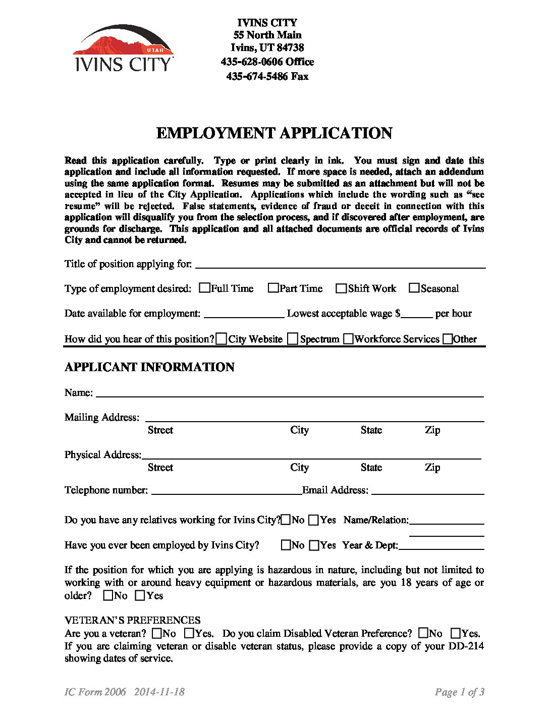 Employment Application Ivins City