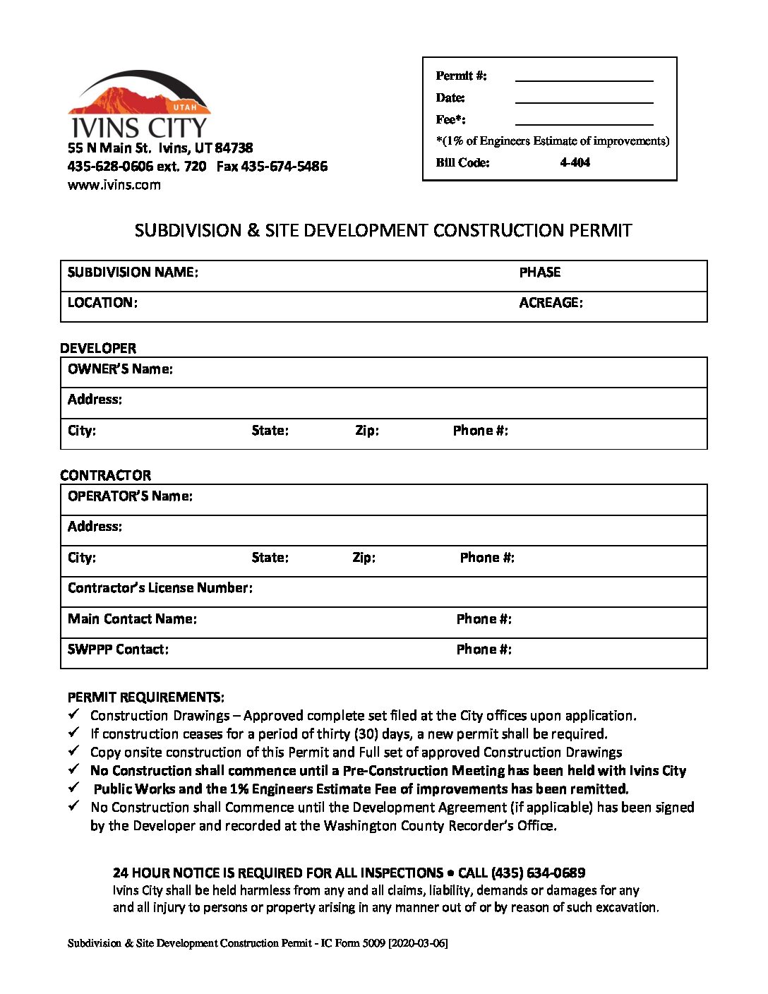 Construction Permit – IC Form 5009 fill in form | Ivins City