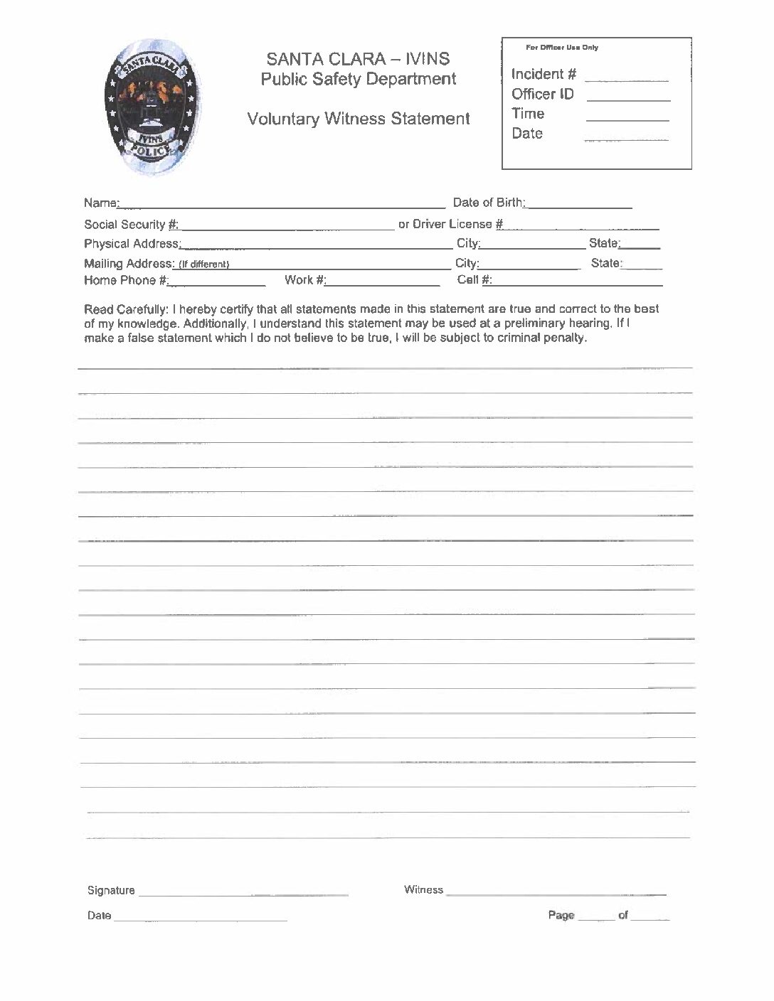 SCIPD Voluntary Witness Statement | Ivins City