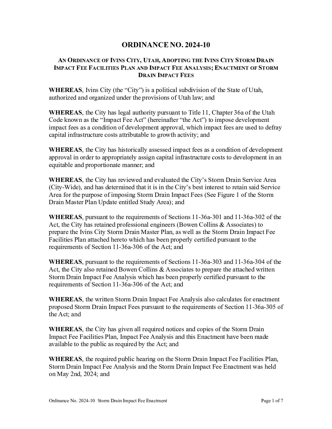 2024-10 Storm Drain Impact Fee Ordinance | Ivins City