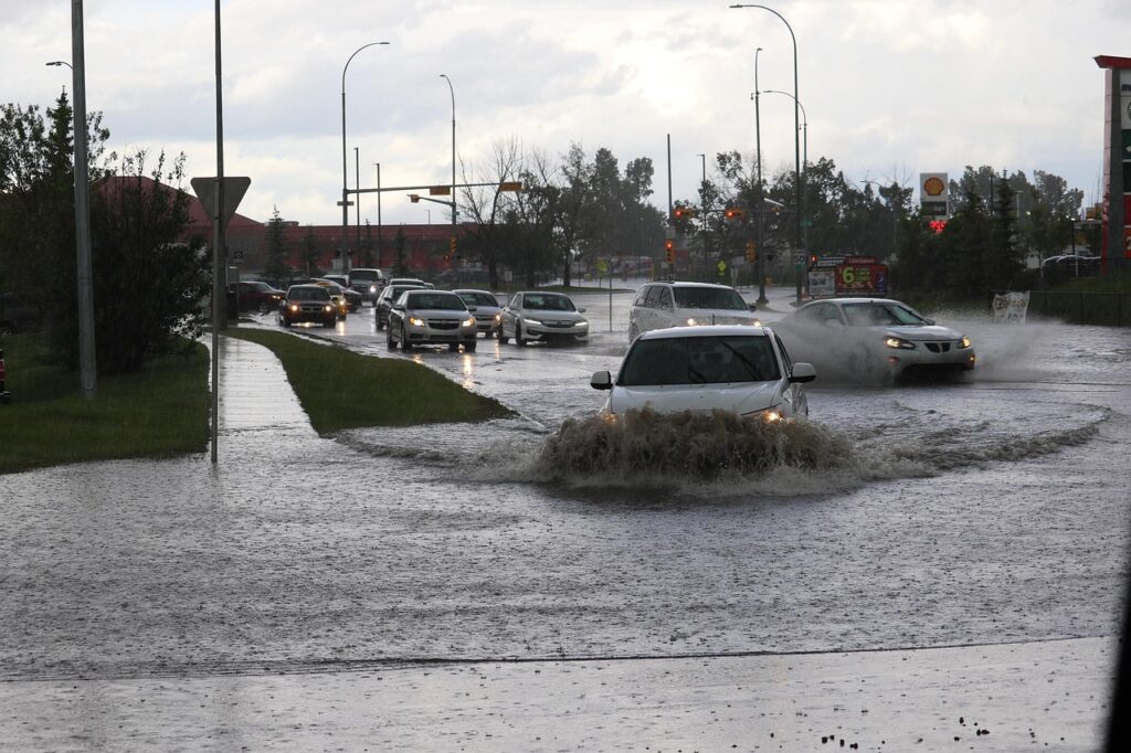 flooded, road, flood, flooding, storm, rain, water, wet, thunderstorm, nature, city